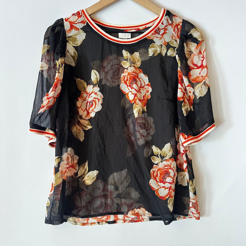 A‎ New Day Black Floral Sheer Short Sleeve Blouse Top Size Small S Summer Preppy